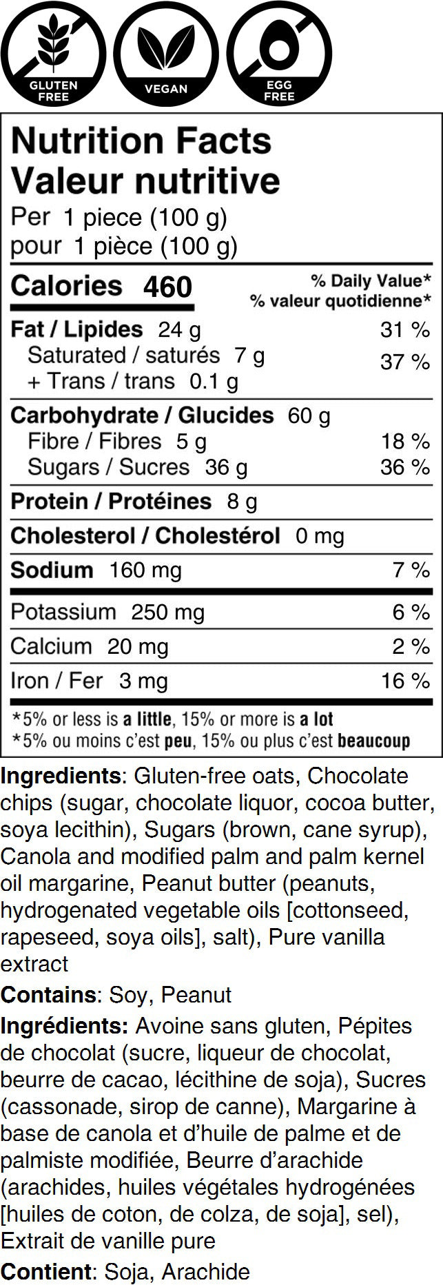 Nutrition Facts - Peanut Butter Oat Bar - gluten-free, dairy-free, egg-free, plant based